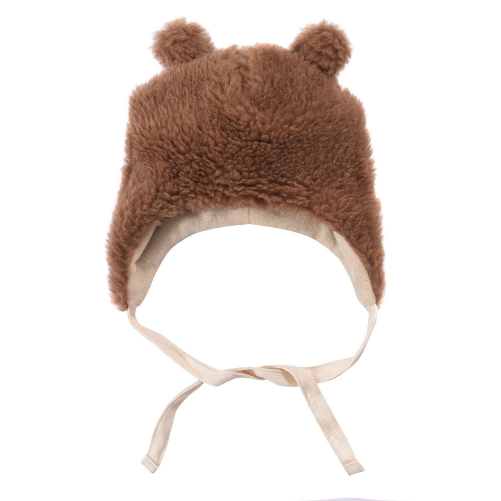 Brown teddy textured woolen baby hat with cute bear ears and long secure tie straps