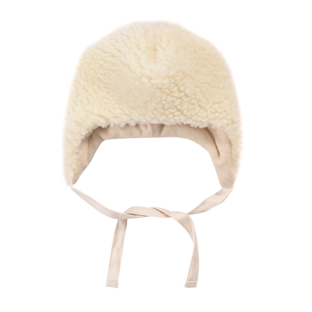 Polar white woolen baby hat with teddy texture, bear ears, and long secure tie strings — view 3