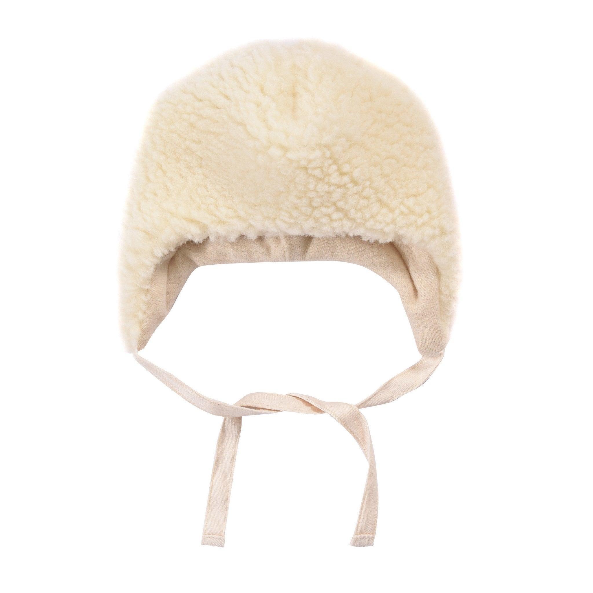 Polar white woolen baby hat with teddy texture, bear ears, and long secure tie strings — view 3