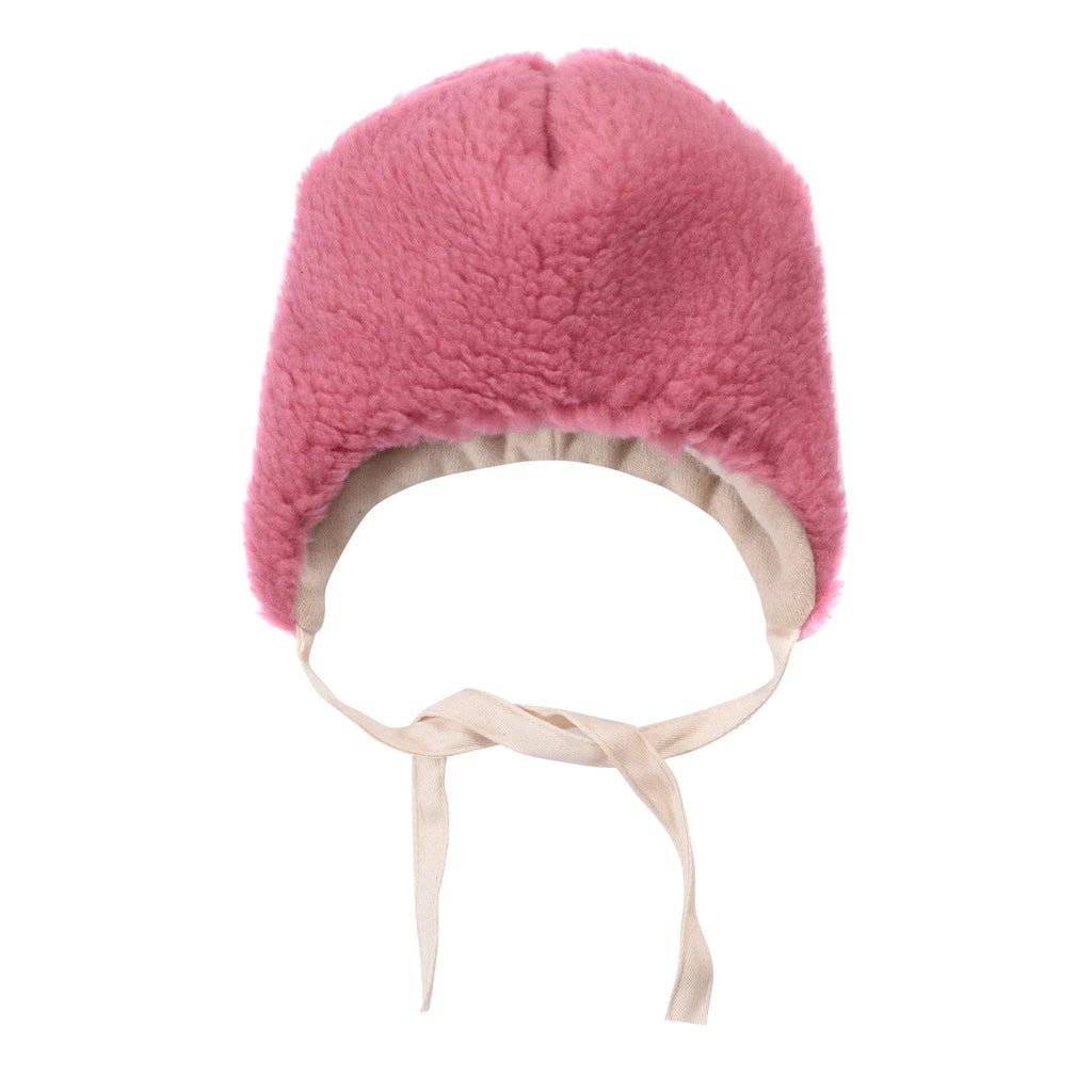 Pink teddy-textured virgin wool baby hat with adorable bear ears and extra-long secure ties. — view 2
