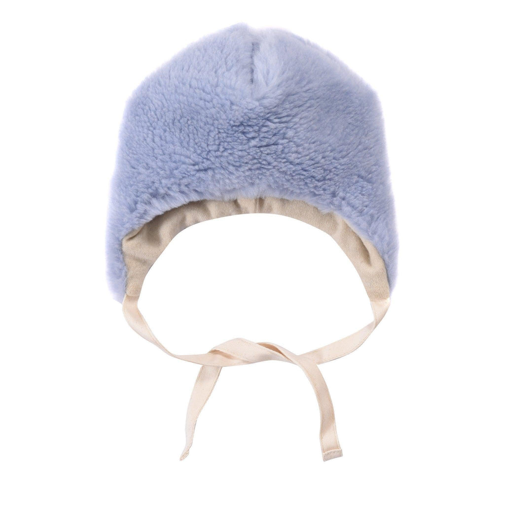 Blue woolen baby hat featuring soft teddy texture playful bear ears and extra long secure ties — view 2