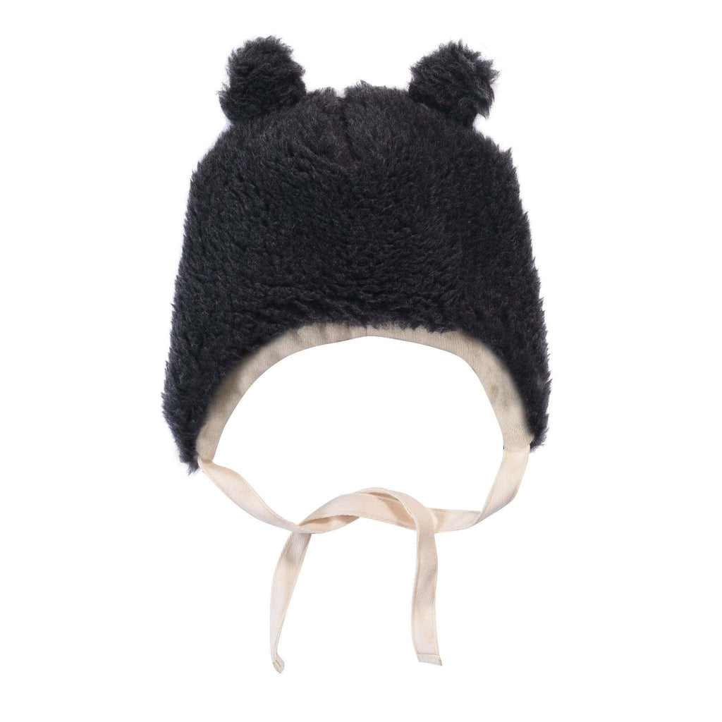 Black bear woolen baby hat with long customizable ties and cute animal ears