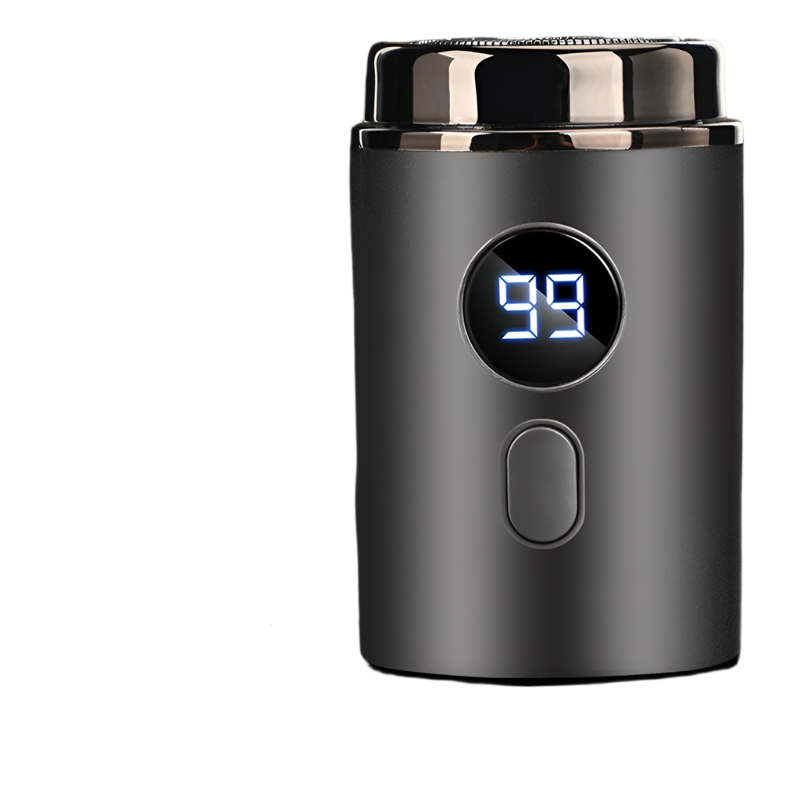 Men's electric razor in sleek grey finish with digital display and compact portable design