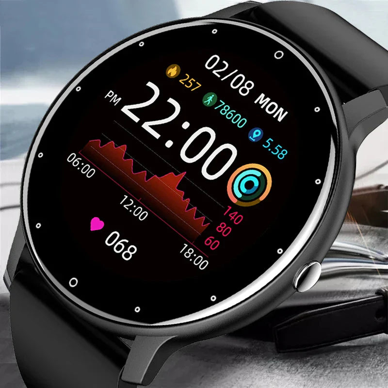 Black full touch screen smartwatch fitness tracker with silicone band and digital watch face display. — view 2