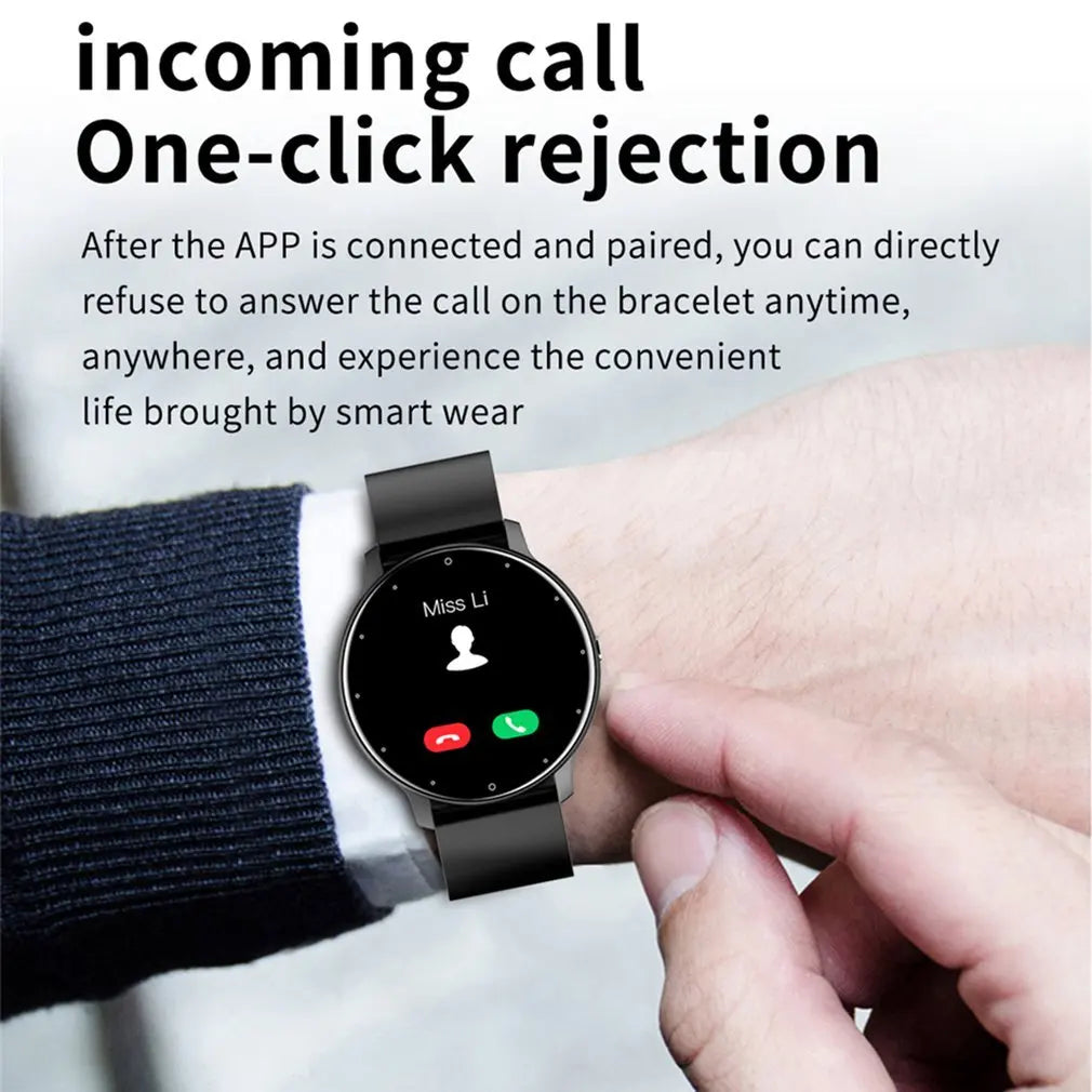 Black full touch screen smartwatch fitness tracker with silicone band and digital watch face display. — view 4