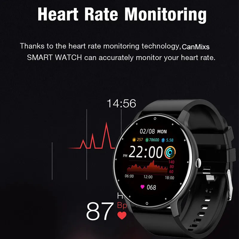 Black full touch screen smartwatch fitness tracker with silicone band and digital watch face display. — view 3