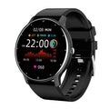 Black full touch screen smartwatch fitness tracker with silicone band and digital watch face display.