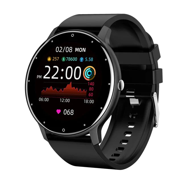 Black full touch screen smartwatch fitness tracker with silicone band and digital watch face display.