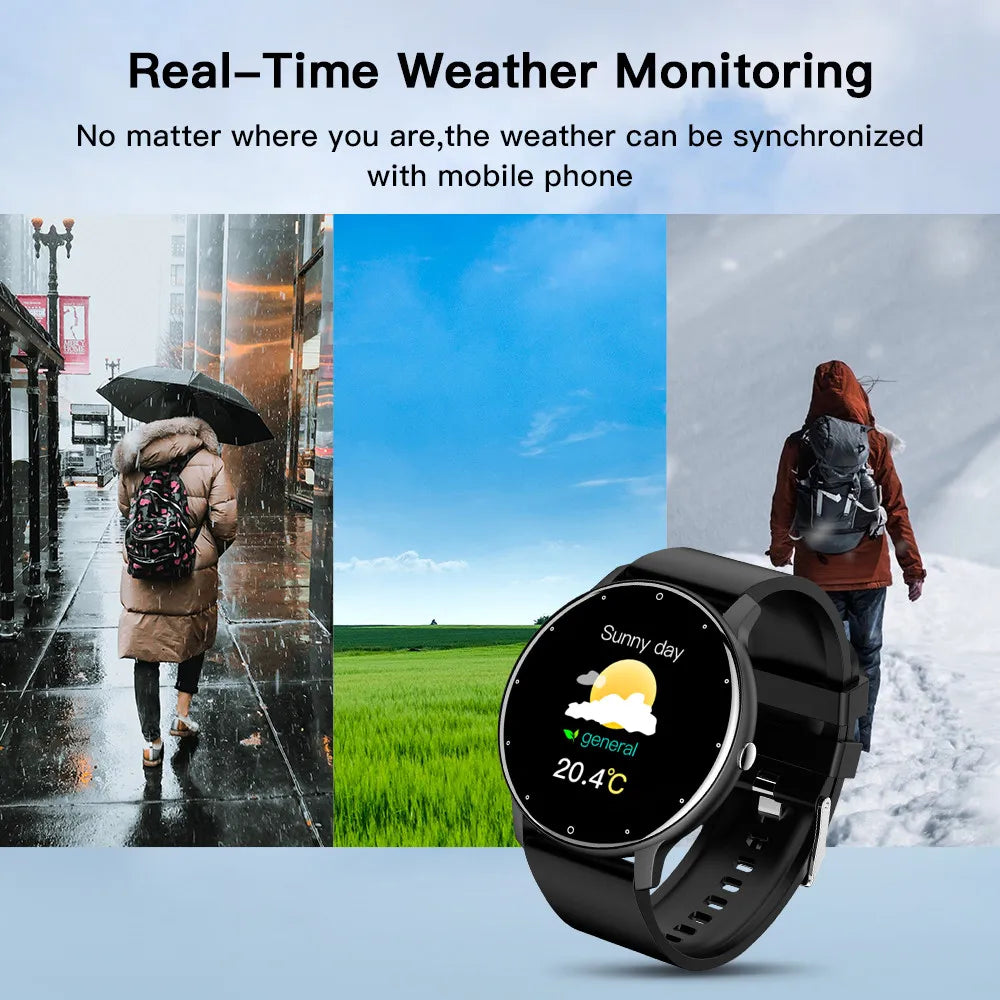 Black full touch screen smartwatch fitness tracker with silicone band and digital watch face display. — view 5