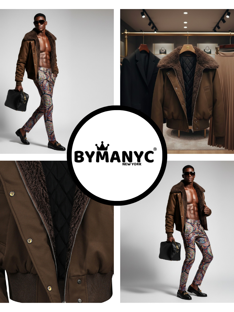 Deep brown canvas men's bomber jacket with dark faux fur sherpa collar and gold buttons — view 2