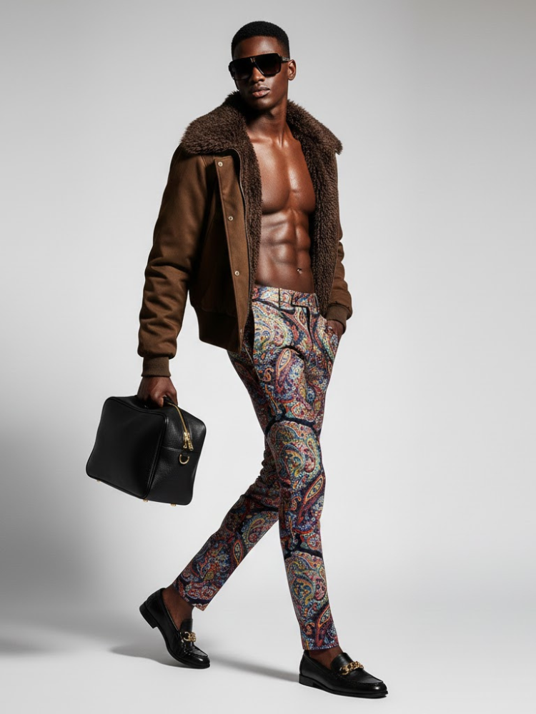 Deep brown canvas men's bomber jacket with dark faux fur sherpa collar and gold buttons