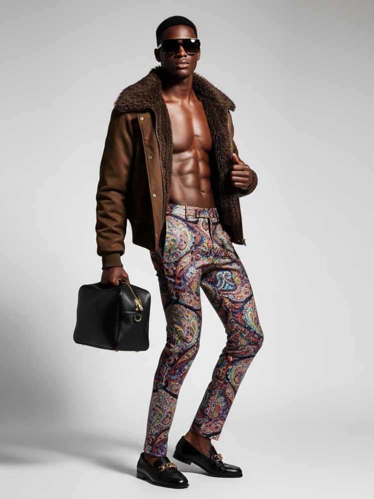 Deep brown canvas men's bomber jacket with dark faux fur sherpa collar and gold buttons — view 3