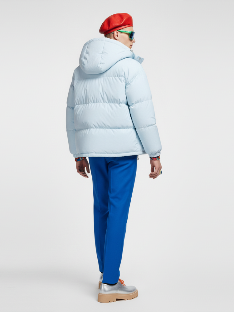 Pastel sky blue men's oversized puffer jacket with integrated hood and eco-conscious filling — view 3