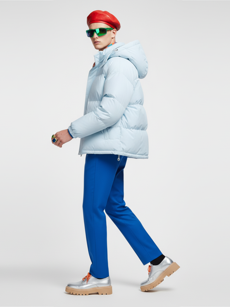 Pastel sky blue men's oversized puffer jacket with integrated hood and eco-conscious filling