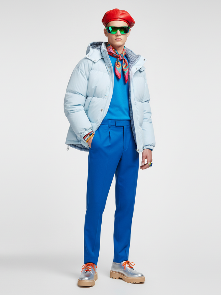Pastel sky blue men's oversized puffer jacket with integrated hood and eco-conscious filling — view 2