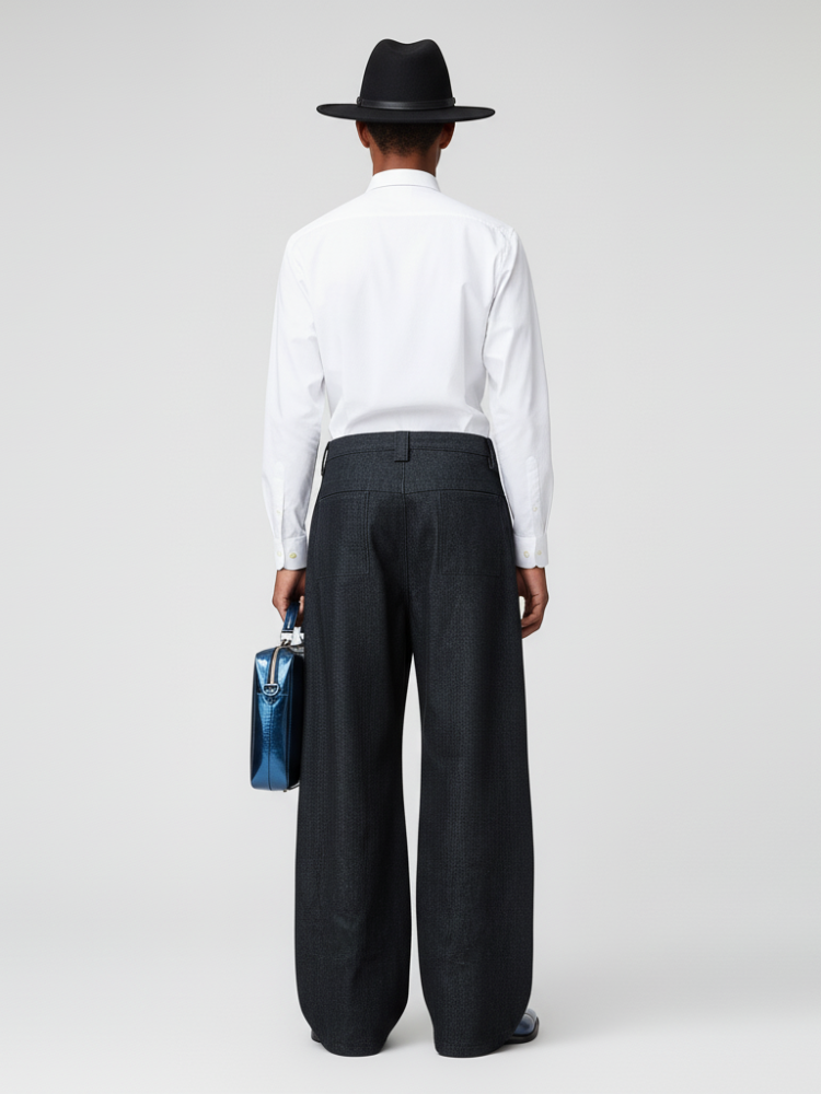 Men's wide-leg high-waisted dark textured couture trousers featuring clean tailoring and classic front pleats — view 2