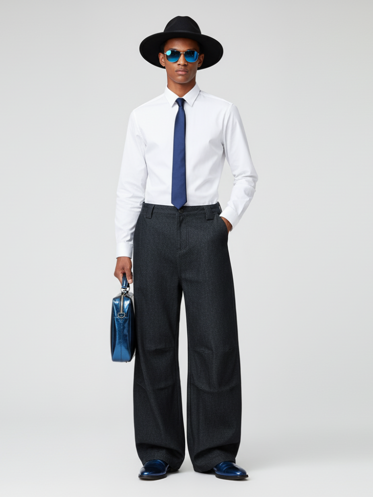 Men's wide-leg high-waisted dark textured couture trousers featuring clean tailoring and classic front pleats