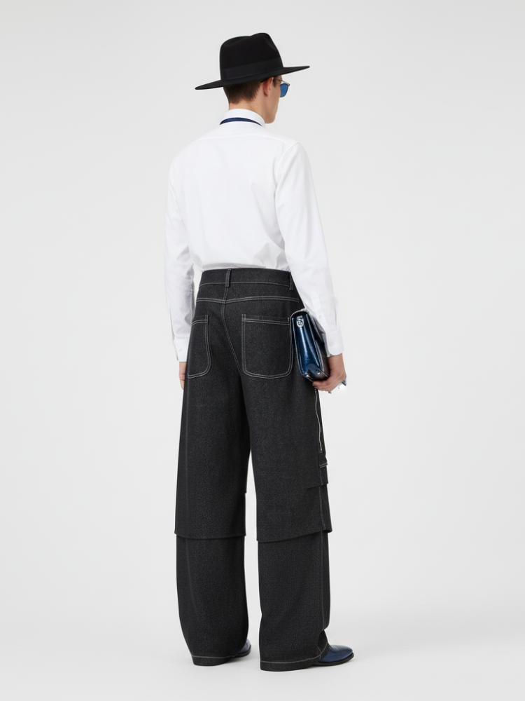 Mens SOHO couture deconstructed wide leg denim trousers in premium dark grey with contrasting stitching — view 2