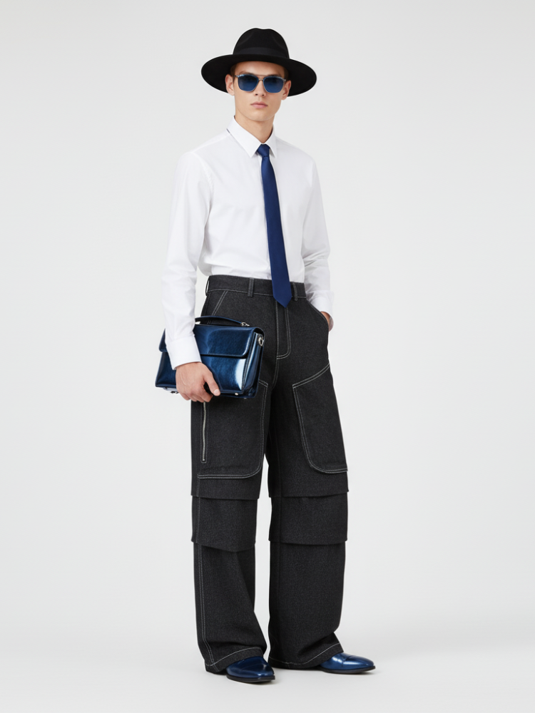 Mens SOHO couture deconstructed wide leg denim trousers in premium dark grey with contrasting stitching