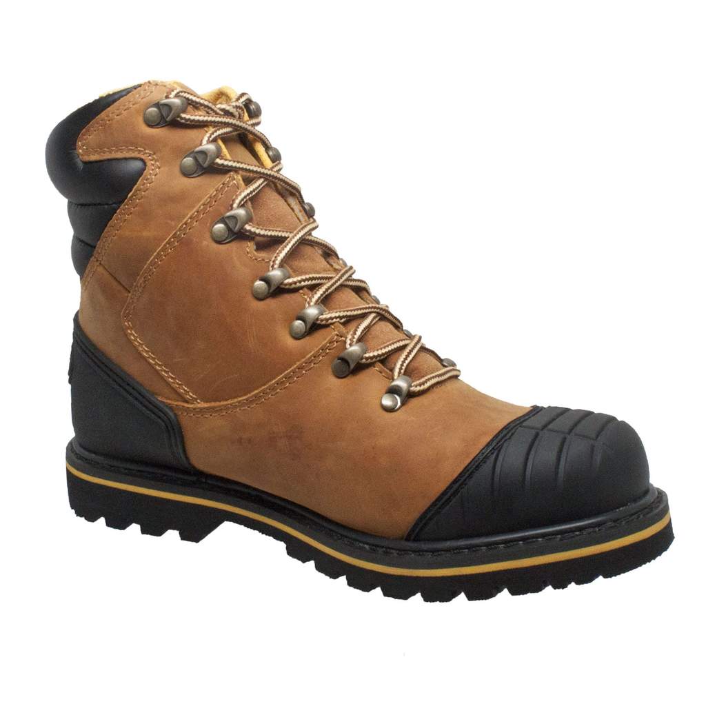 Men's light brown leather 7-inch steel toe work boots with rugged slip-resistant rubber outsoles — view 2