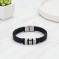 Mens personalized black woven leather bracelet with custom engraved stainless steel name plate