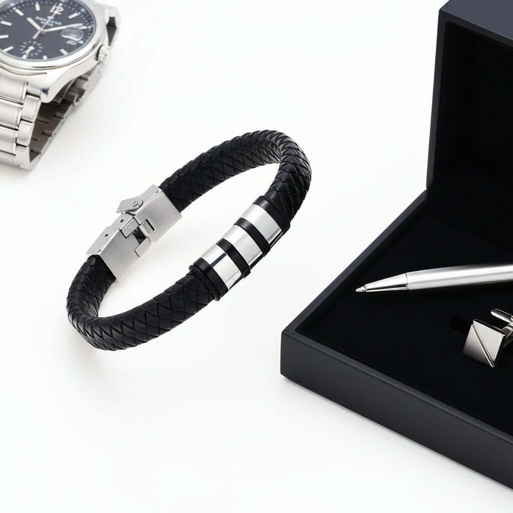Mens personalized black woven leather bracelet with custom engraved stainless steel name plate — view 2