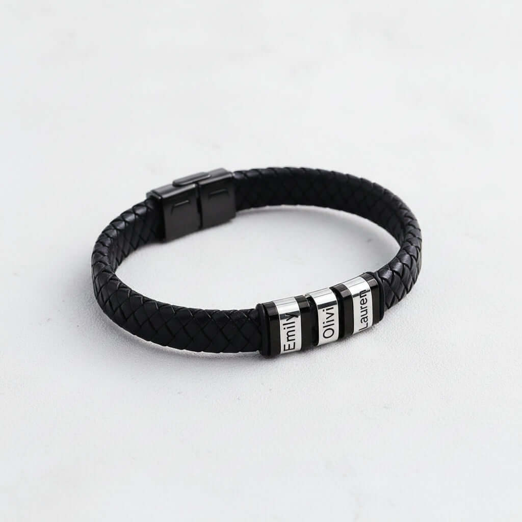 Mens personalized black woven leather bracelet with custom engraved stainless steel name plate — view 3