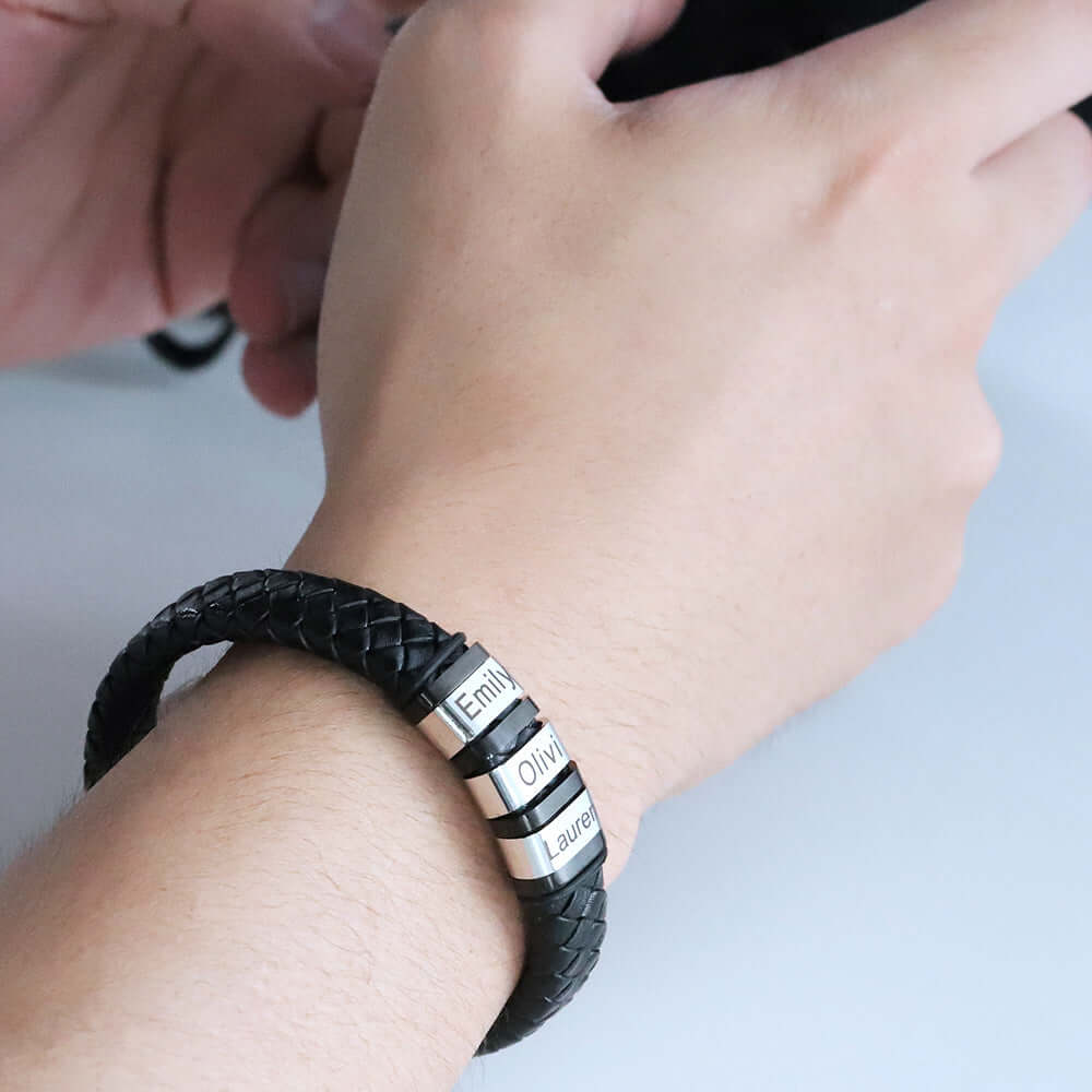 Mens personalized black woven leather bracelet with custom engraved stainless steel name plate — view 4