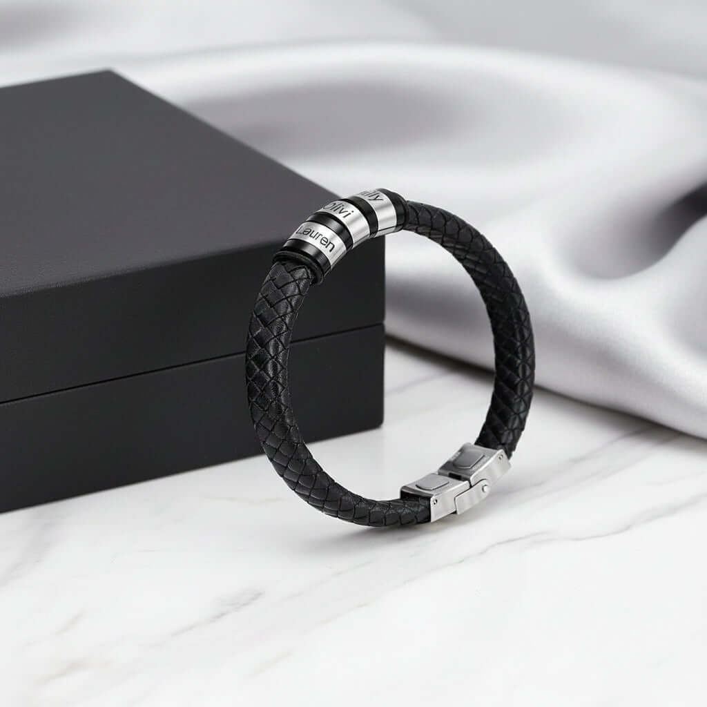 Mens personalized black woven leather bracelet with custom engraved stainless steel name plate — view 5