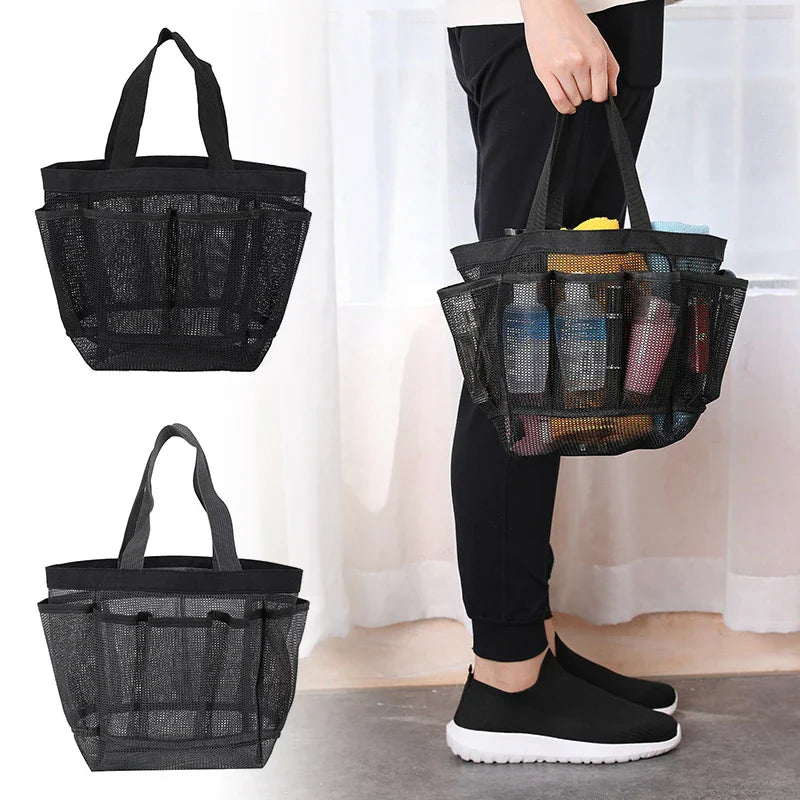 Portable mesh shower caddy in black with 8 pockets and handle for bathroom organization — view 3