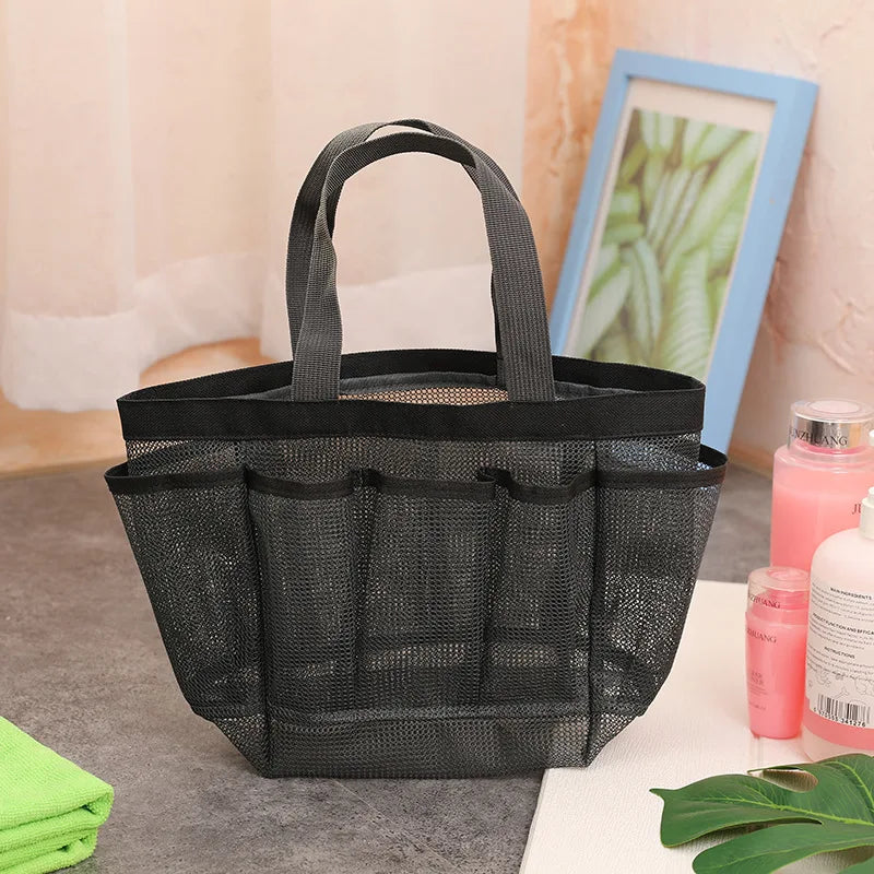 Portable mesh shower caddy in black with 8 pockets and handle for bathroom organization — view 2