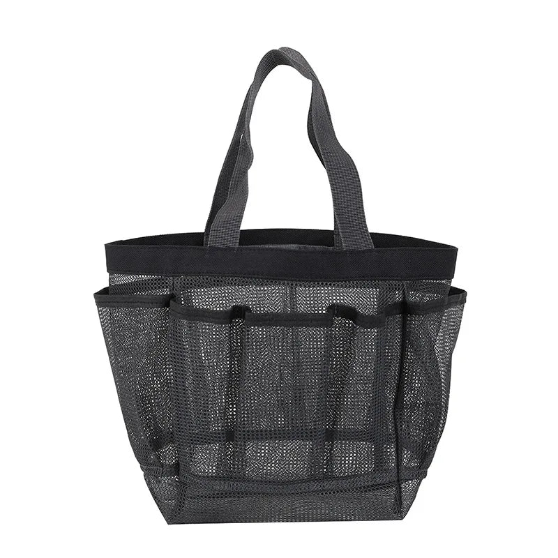 Portable mesh shower caddy in black with 8 pockets and handle for bathroom organization