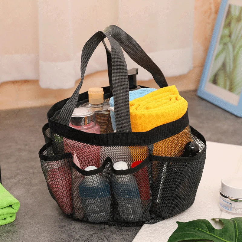 Portable mesh shower caddy in black with 8 pockets and handle for bathroom organization — view 4