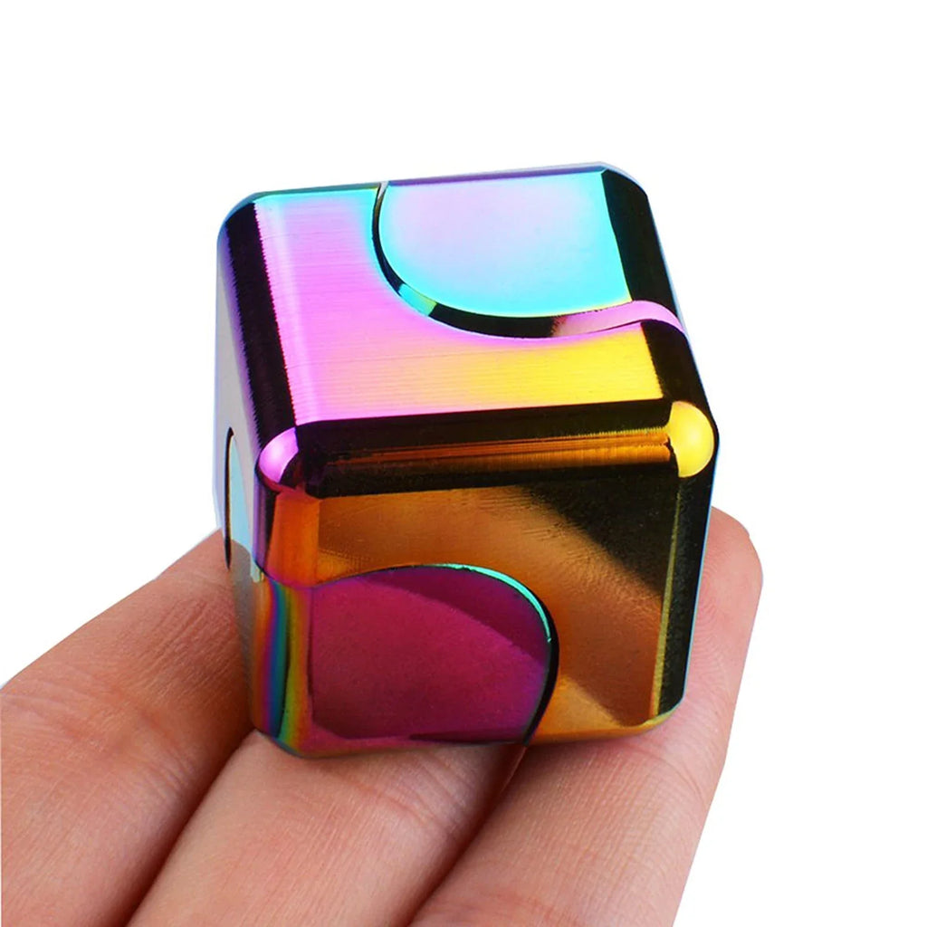 Metal cube spinner fidget toy featuring a sleek geometric design for desktop stress relief