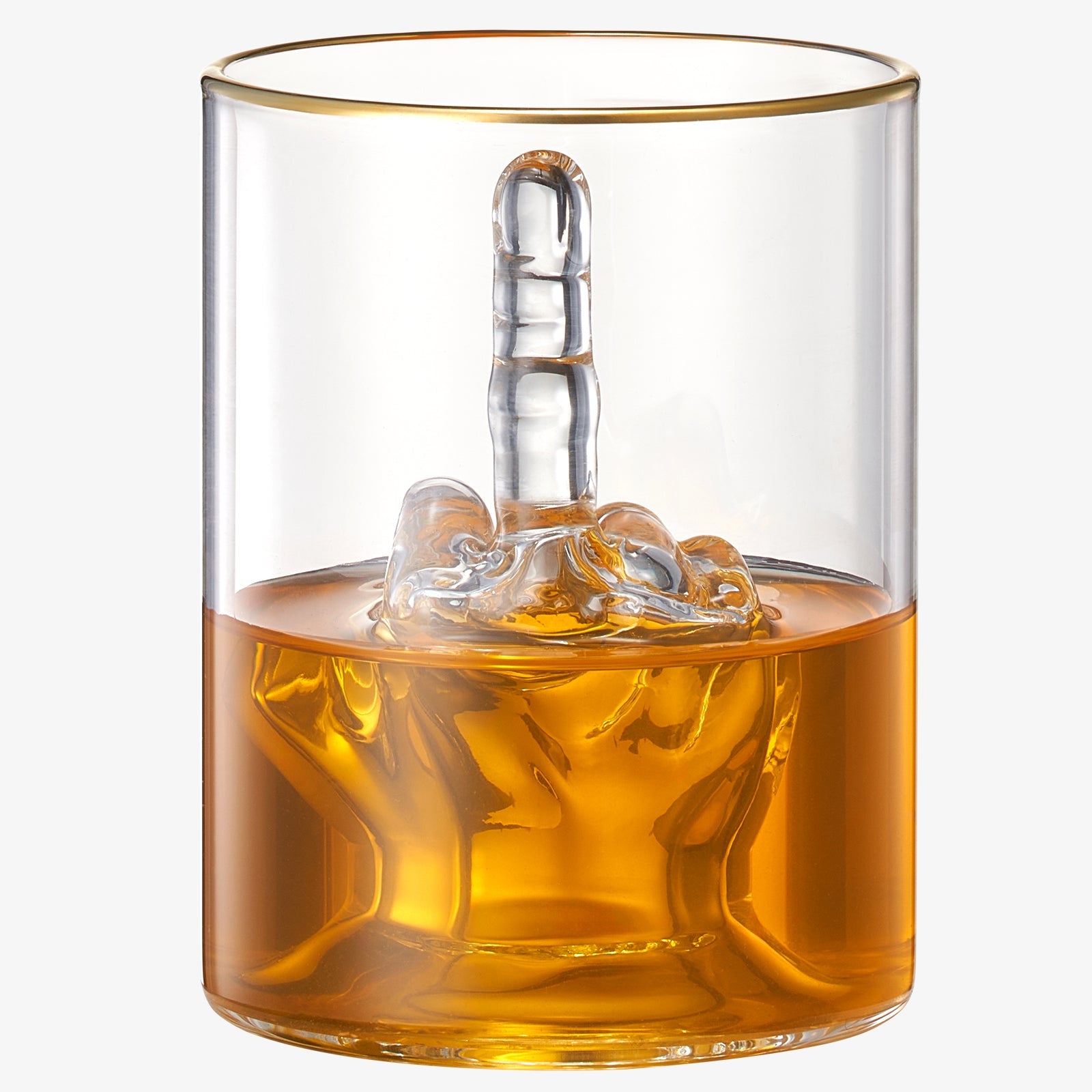 Clear 12.5 oz novelty middle finger whiskey glass sitting on a home bar counter — view 3