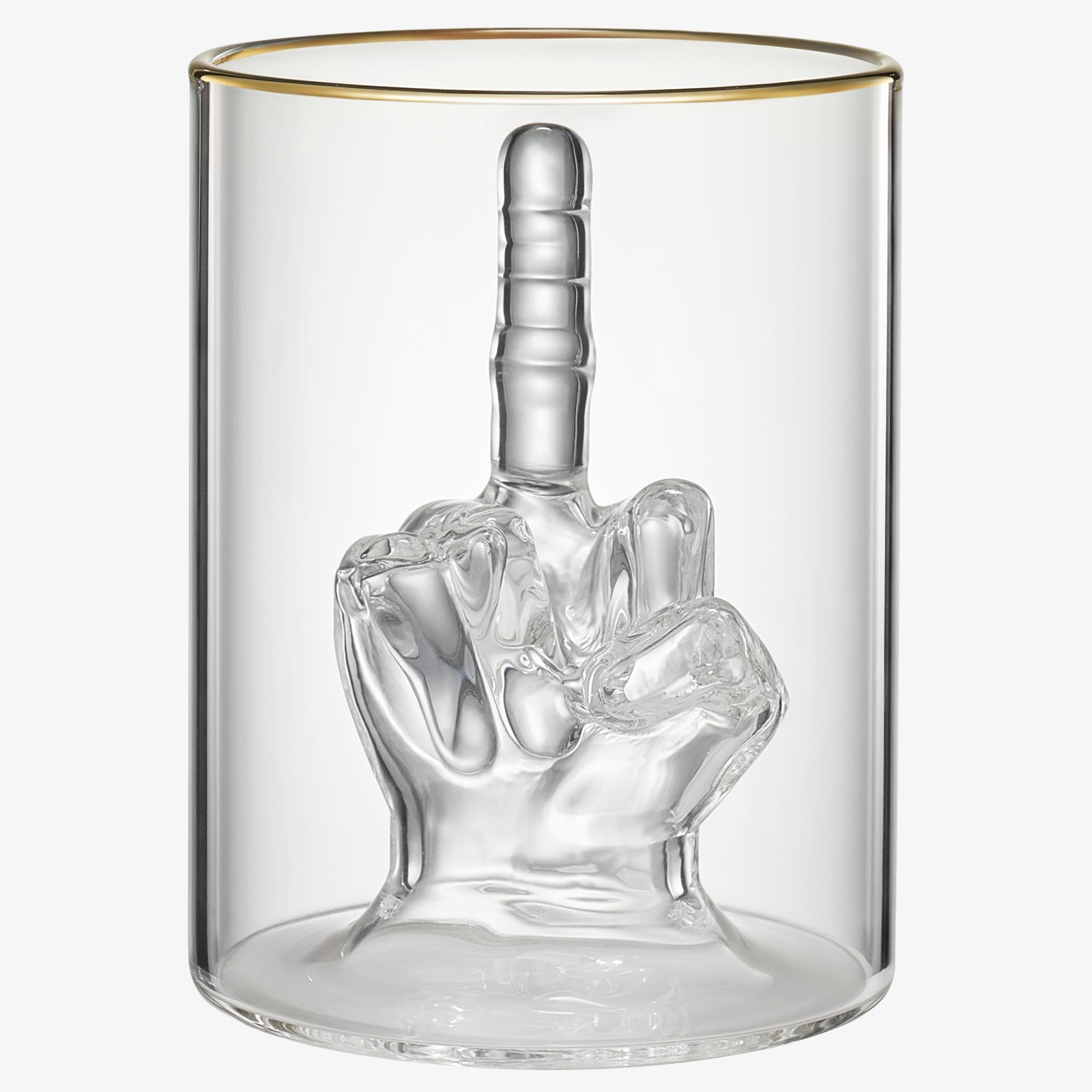 Clear 12.5 oz novelty middle finger whiskey glass sitting on a home bar counter — view 2