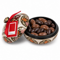 Hand-painted papier-mâché bonbonnière filled with milk and dark chocolate-coated Brazil nuts