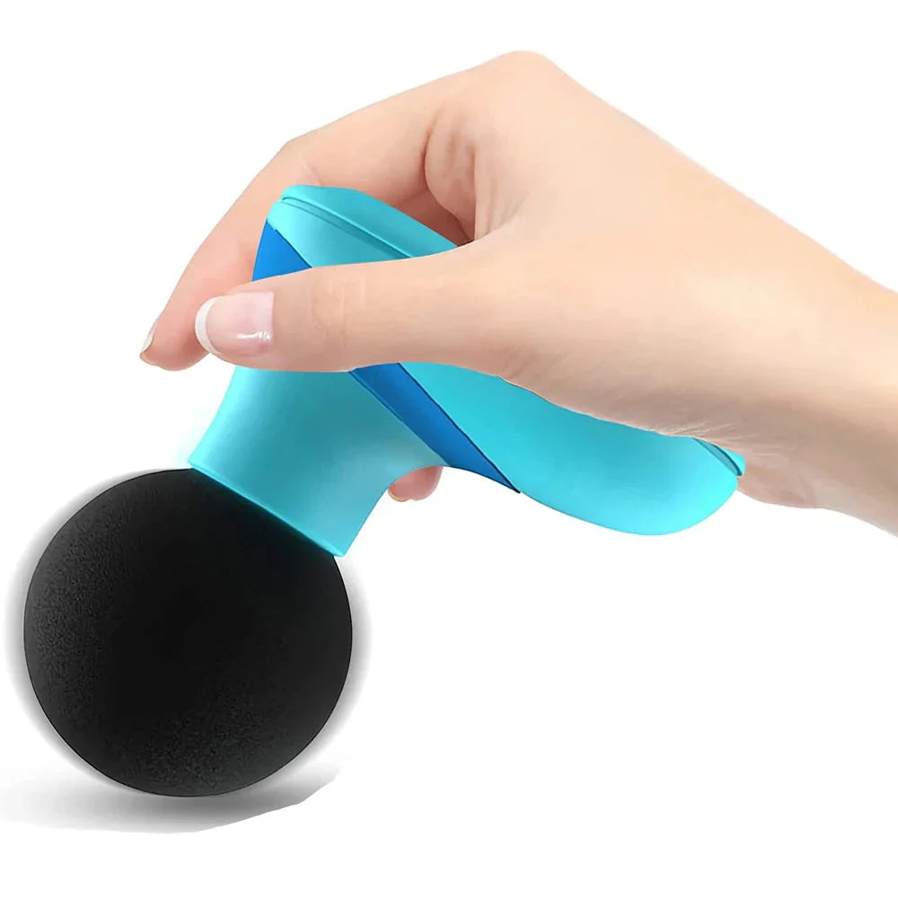 Blue mini electric handheld massager with silicone head for deep tissue muscle therapy and recovery