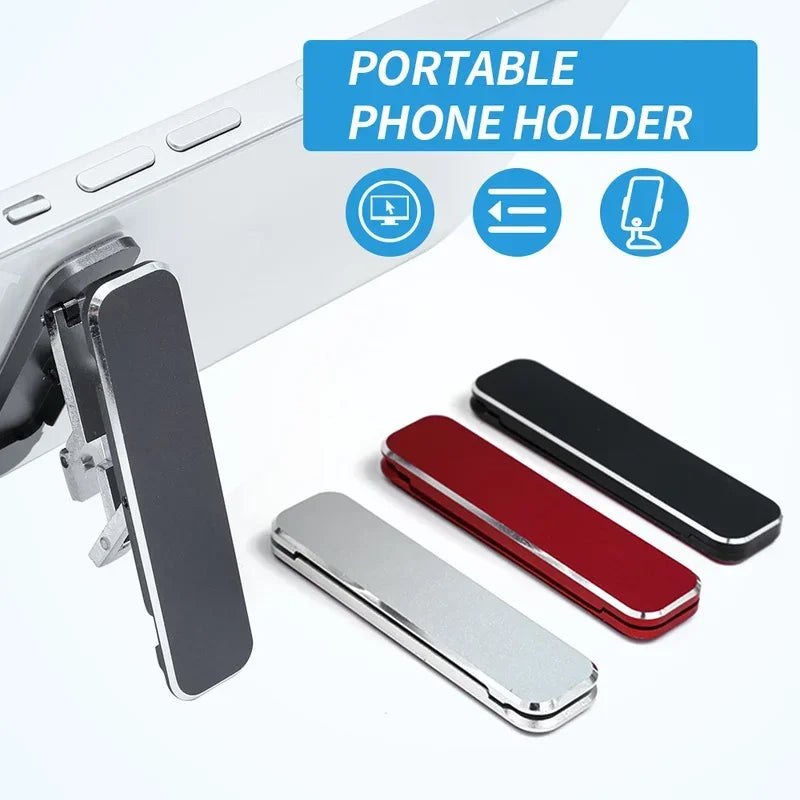 Mini ultra-thin aluminum folding mobile phone holder attached to the back of a smartphone — view 2