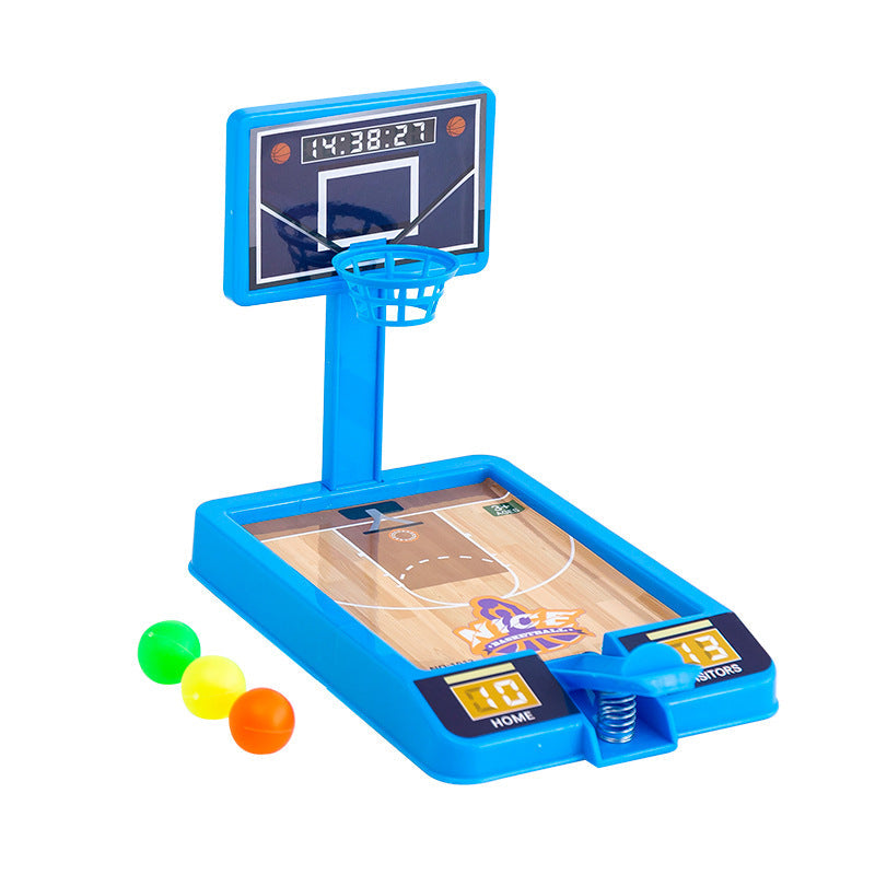 Mini desktop basketball game in blue and white plastic with three small orange balls — view 4