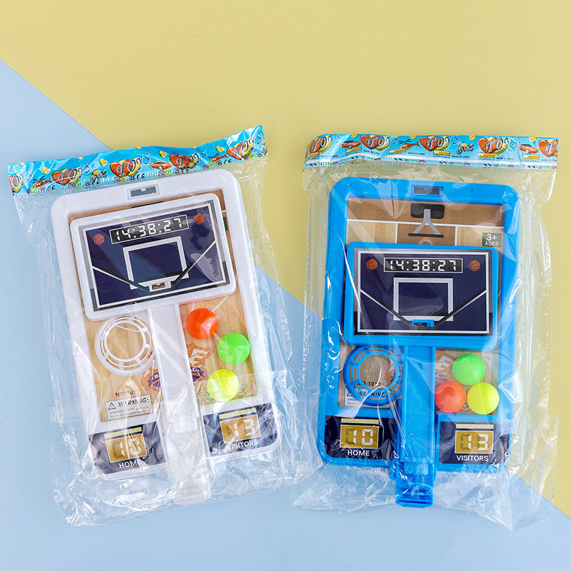 Mini desktop basketball game in blue and white plastic with three small orange balls — view 5