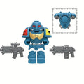 Mini building block figures set in colorful ABS plastic with sci-fi weapons, armor, and backpacks