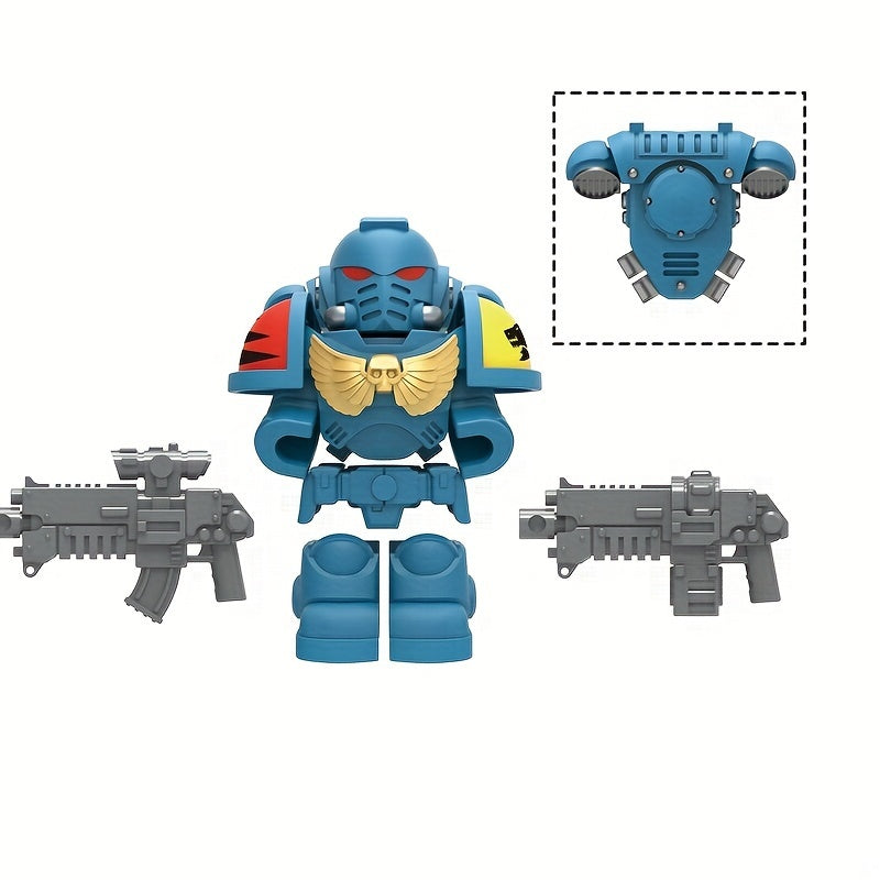 Mini building block figures set in colorful ABS plastic with sci-fi weapons, armor, and backpacks