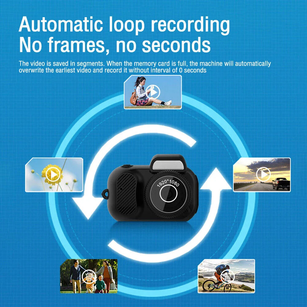 Compact black 1080p HD mini camera with a built-in display screen and small lightweight frame — view 2