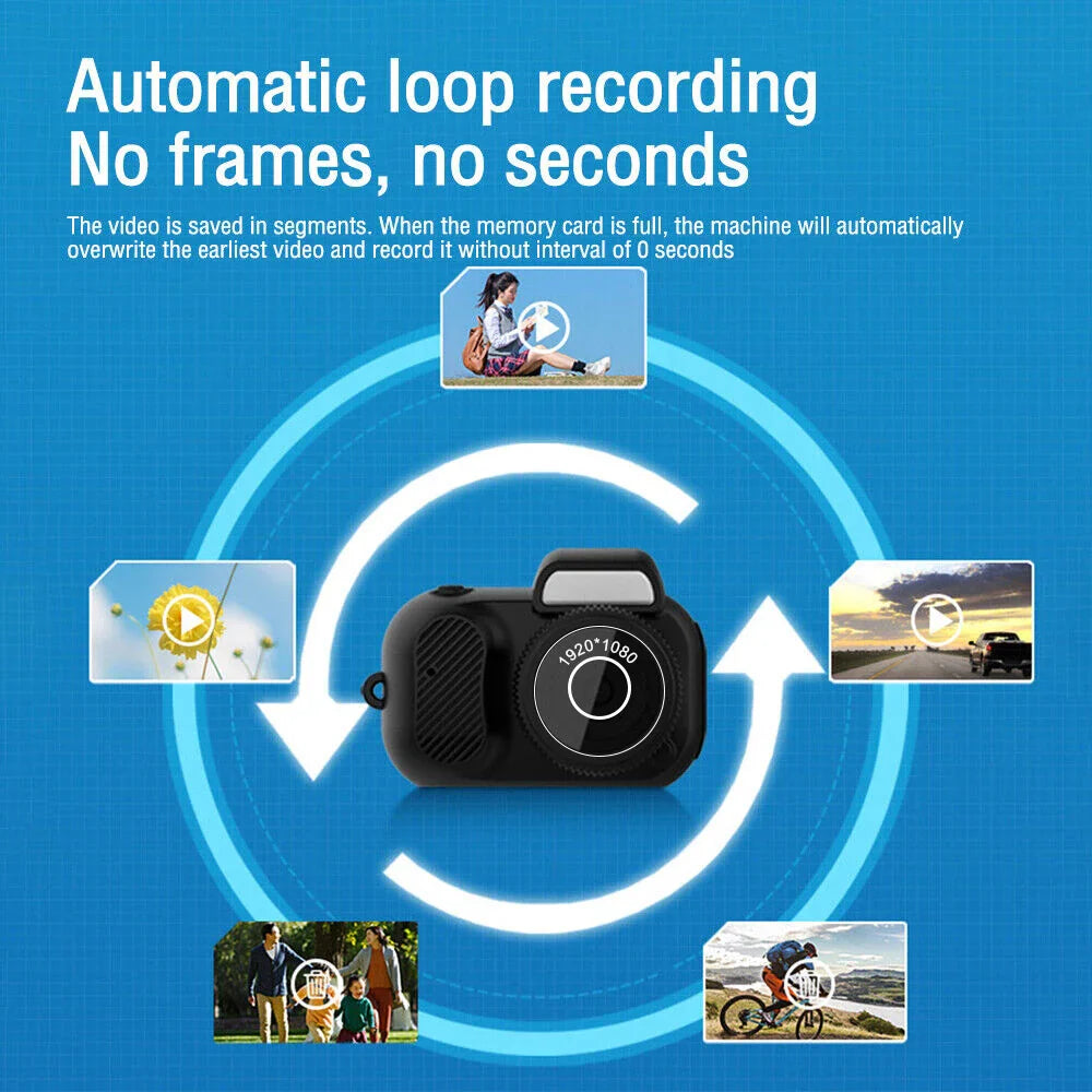 Mini HD portable sports camera showing ultra-compact form factor and digital display screen. — view 2