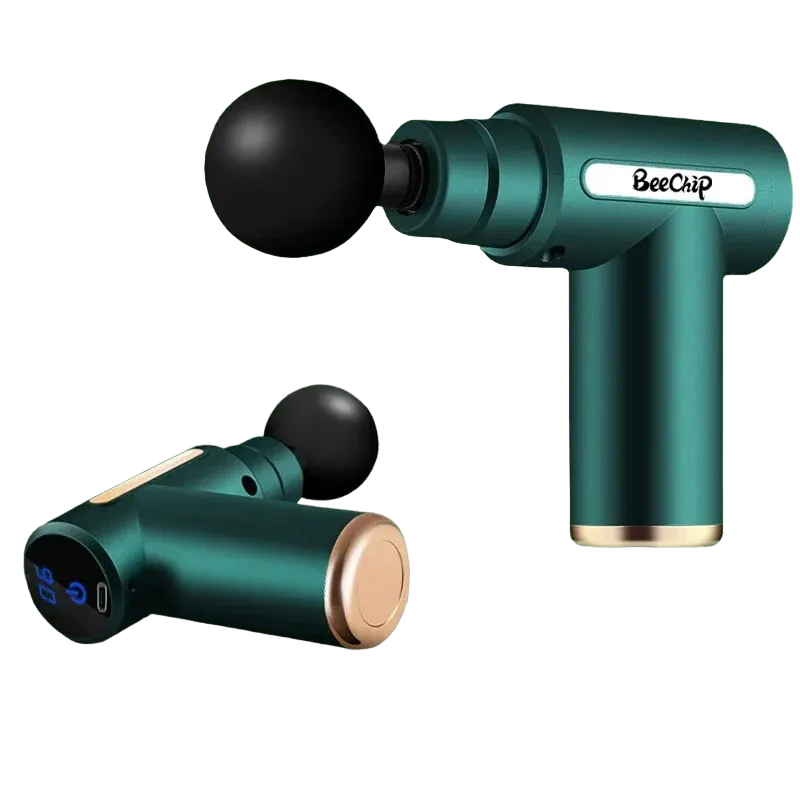 Compact cordless mini massage gun with four interchangeable heads for deep tissue muscle relief.