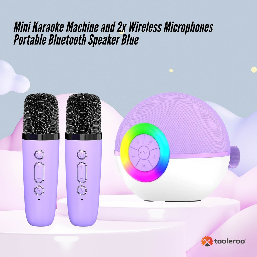 Purple mini karaoke machine with two wireless microphones and multicolour LED speaker. — view 2