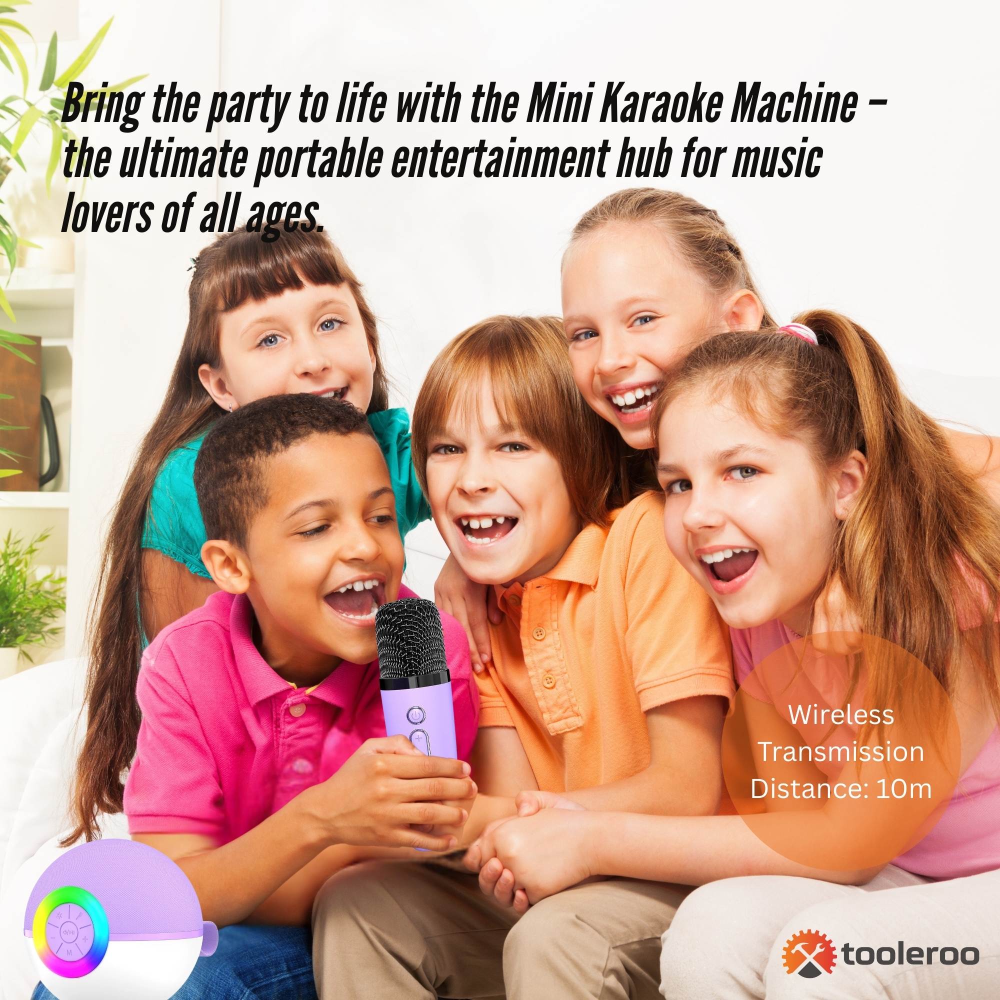Purple mini karaoke machine with two wireless microphones and multicolour LED speaker. — view 3