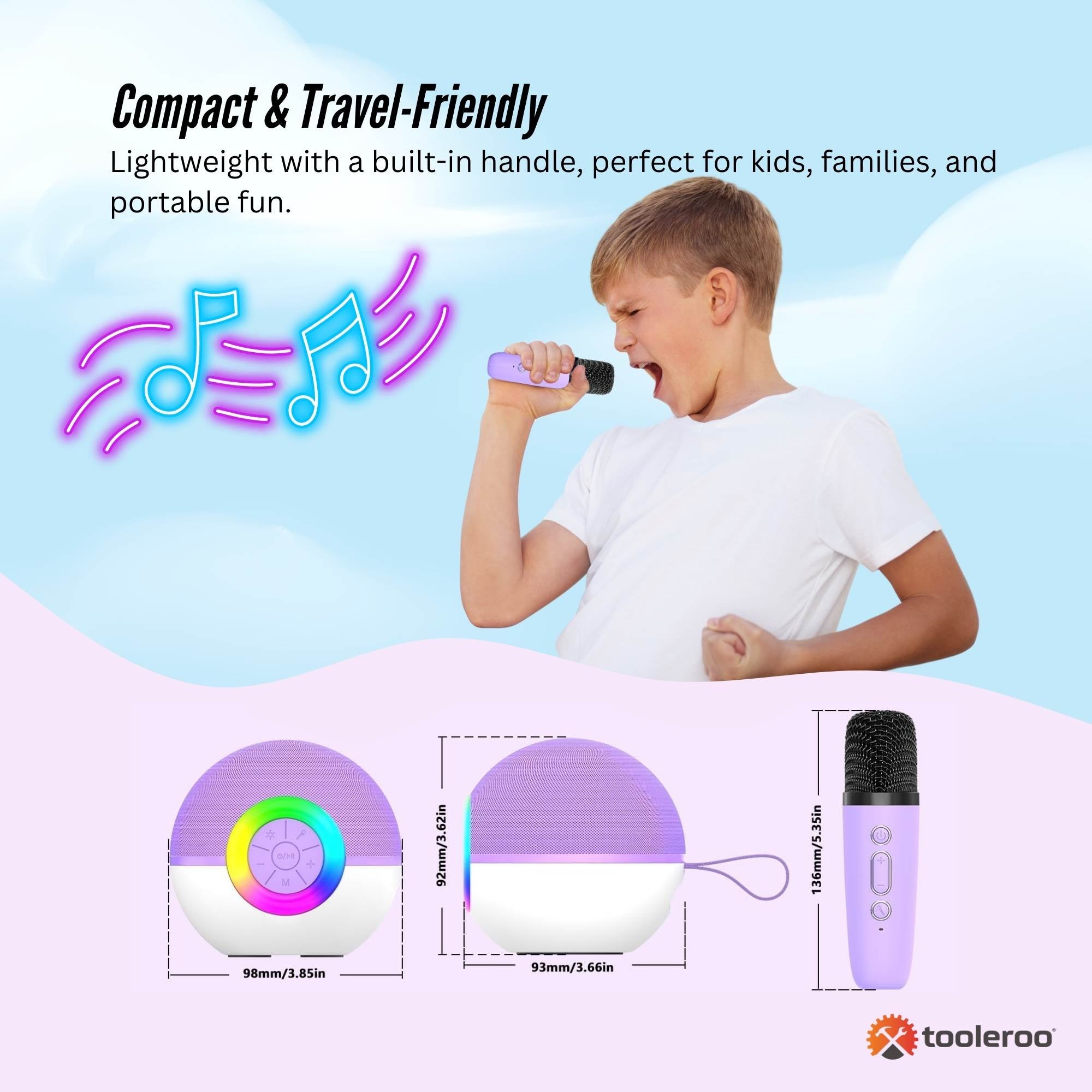 Purple mini karaoke machine with two wireless microphones and multicolour LED speaker. — view 4