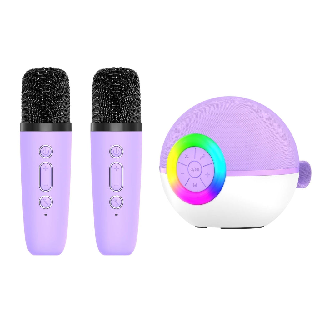 Purple mini karaoke machine with two wireless microphones and multicolour LED speaker.